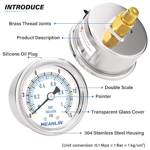 MEANLIN MEASURE 0~15Psi Dry Low Pressure Gauge Stainless Steel 1/8" NPT 2" FACE - Image 5
