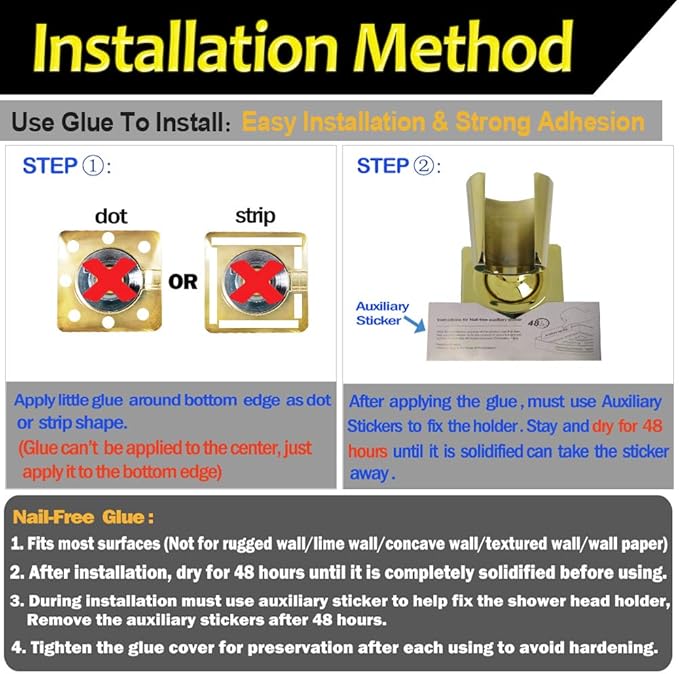 Shower Head Holder Handheld Shower Wand Holder Adjustable Shower Head Bracket Shower Wall Mount Holder, Polished Brass/Gold Finish, Drill Free Glue Installation