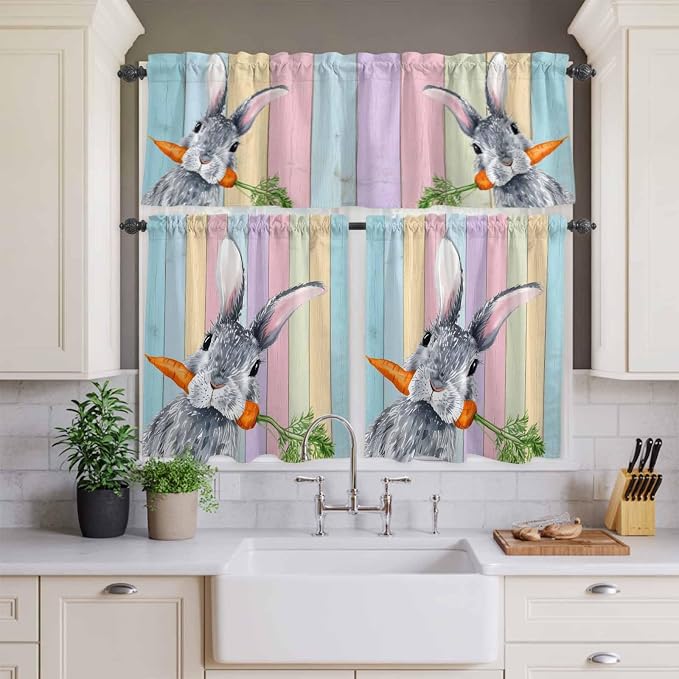 Easter Kitchen Curtain Set, Spring Grey Rabbit Carrots Colorful Wooden Plank - Image 3