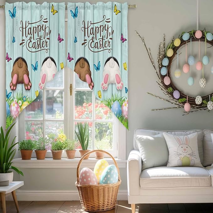 Swag Curtain Valances for Kitchen Windows, Happy Easter Bunny Butt Egg Floral - Image 6