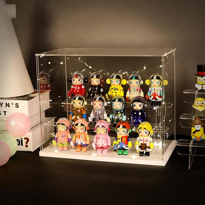 Choowin 3 Tier Clear Acrylic Display Case for Collectibles, Mini Figures, Pop Mart, Labubu, Sonny Angel, Smiski - Assemble Dustproof Acrylic Display Box with Door, Stand (Wood Base, Clear Step)