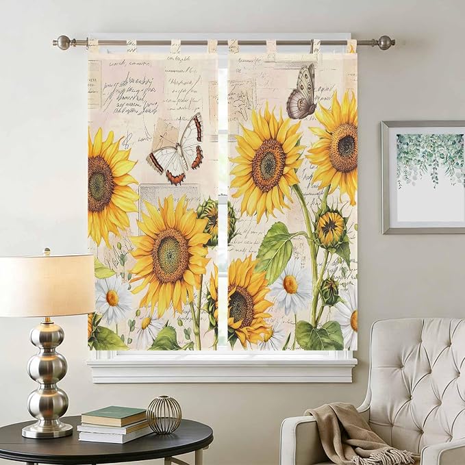 Yellow Sunflowers Bedroom Curtains 72 Inch Length, Window Curtains Tab Top - Image 2