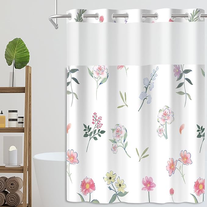 No Hook Shower Curtain Set with Snap in Fabric Liner for Bathroom,with See Through Top Window,Double Shower Curtain with Detachable Liner Replacement,Machine Washable,Simple Flowers,71"x 74"
