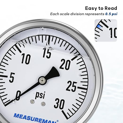 MEASUREMAN Glycerin Filled Plumbing Pressure Gauge 0-30psi Stainless Steel Case - Image 4