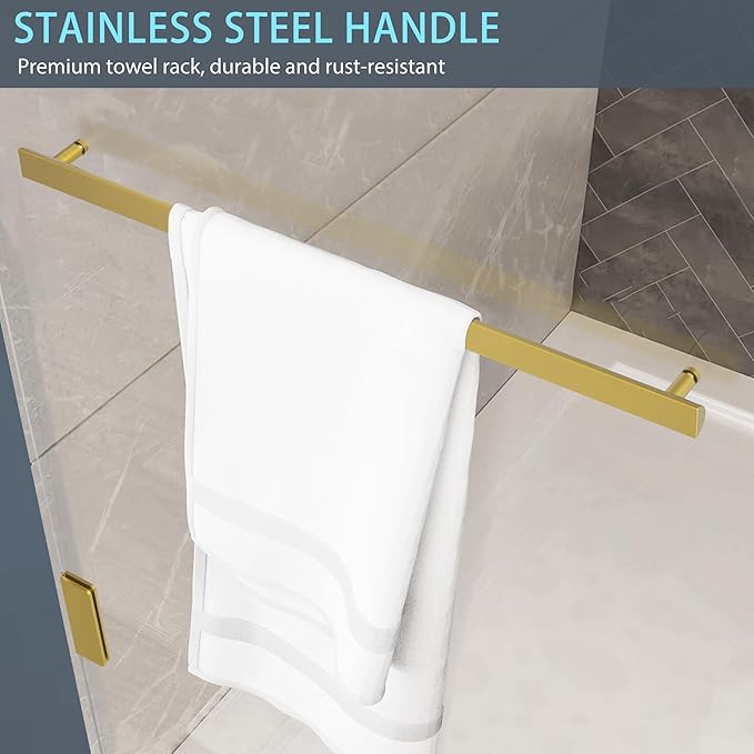 Bathtub Shower Door, 34" W X 58" H Fixed Bathtub Shower Glass Panel in Brushed Gold, 1/4"(6mm) Clear Tempered Frameless Shower Glass Door, Tub Shower Panel with Clamps and Handle