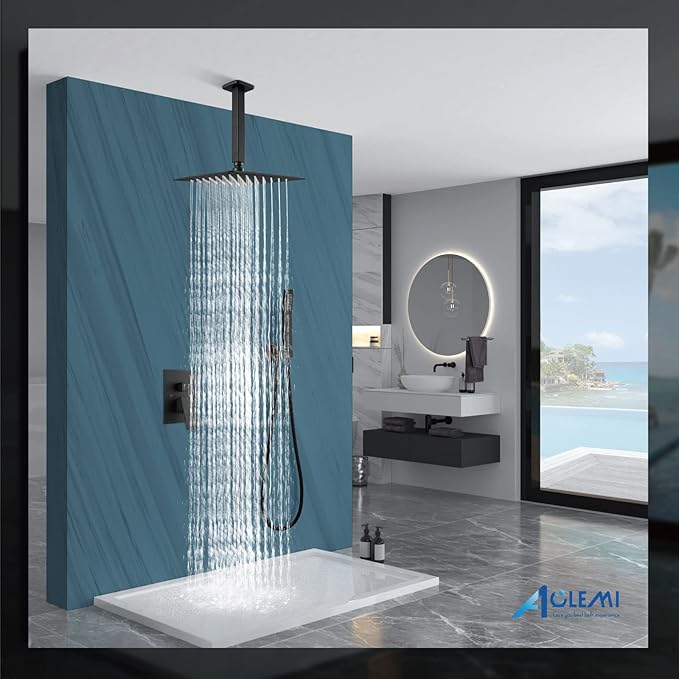 Aolemi Ceiling Mount Shower System Rain Shower Head with Handheld Spray High Pressure Shower Faucet Set Rough-in Valve Shower Trim Kit Included Bathroom Matte Black 10 Inch Ceiling Shower Head