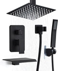 8 Inch Shower Faucet Set, Ceiling Mounted Rainfall Shower System with High Pressure Handheld Shower Head, Bathroom Mixer Shower Set Rough-in Valve and Trim Kit, Matte Black, with Tub Spout