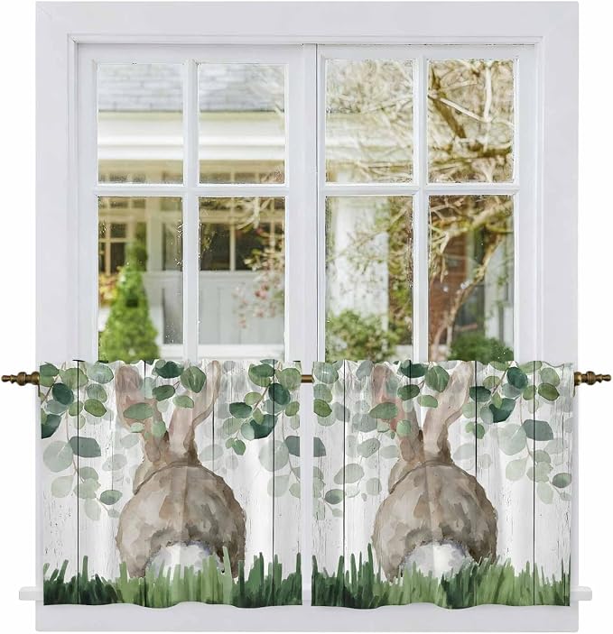 Easter Tier Curtains, Country Rabbit Botanical Leaves Wooden Grain Light by Unknown