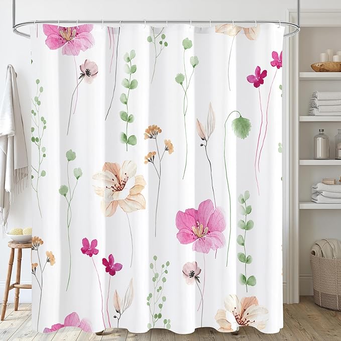 Gibelle Watercolor Floral Shower Curtain, Pink Beige Flower Shower Curtain for Bathroom, Modern Minimalist Waterproof Fabric Shower Curtain Set 72x72 Inch