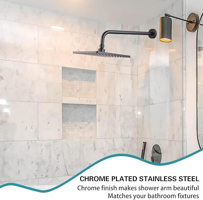 16 Inch Shower Arm with Flange,Stainless Steel 90 Degree Rain Shower Head Extension Arm,Wall-Mounted Shower Head Arm for Fixed Shower Head,Matte Black
