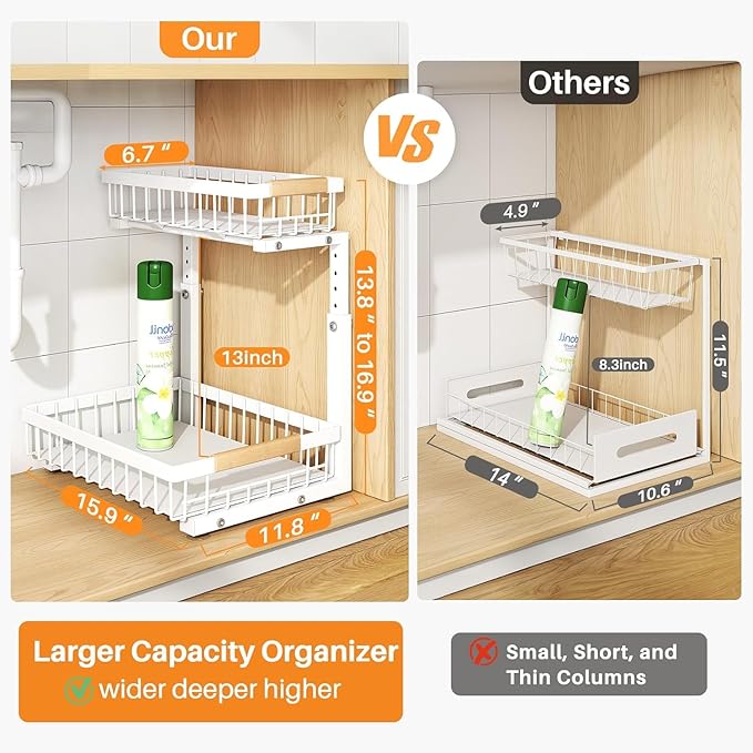 PXRACK 1 Pack Under Sink Organizer,Adjustable Height,2 Tier Pull Out Under Cabinet Organizer,Slide Out Thickened Metal Under Sink Storage for Kitchen Bathroom Laundry Cabinet Pantry,White(L)