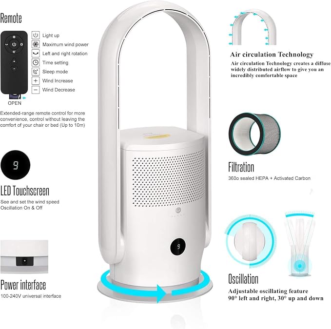 ULTTY Bladeless Tower Fan for Bedroom, Ultra Quiet Standing Fan, 9 Speeds 3 - Image 7