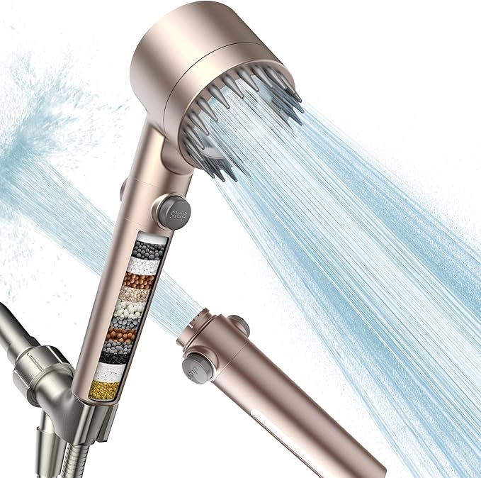 Filtered Shower Head with Handheld, High Pressure Water Flow and Multiple Spray Modes Shower Head with Filter, Power Wash for Hard Water, Showerhead with ON/OFF Switch for Pets Bath (Golden)