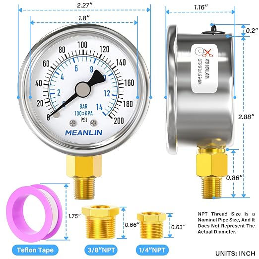 MEANLIN MEASURE 0~200Psi Dry Pressure Gauge Stainless Steel 1/8" NPT 2" FACE - Image 2