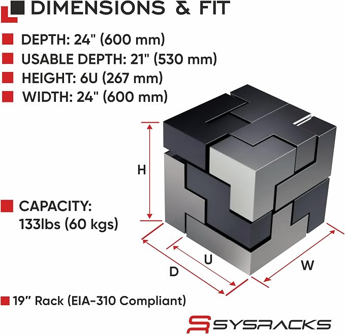 Sysracks 6U Wall Mount Server Rack Cabinet, 19” Locking Network Rack, 24” Deep - Image 3