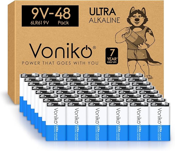 Voniko 48-Pack 9V Batteries, Long-Lasting 9 Volt Battery by Voniko