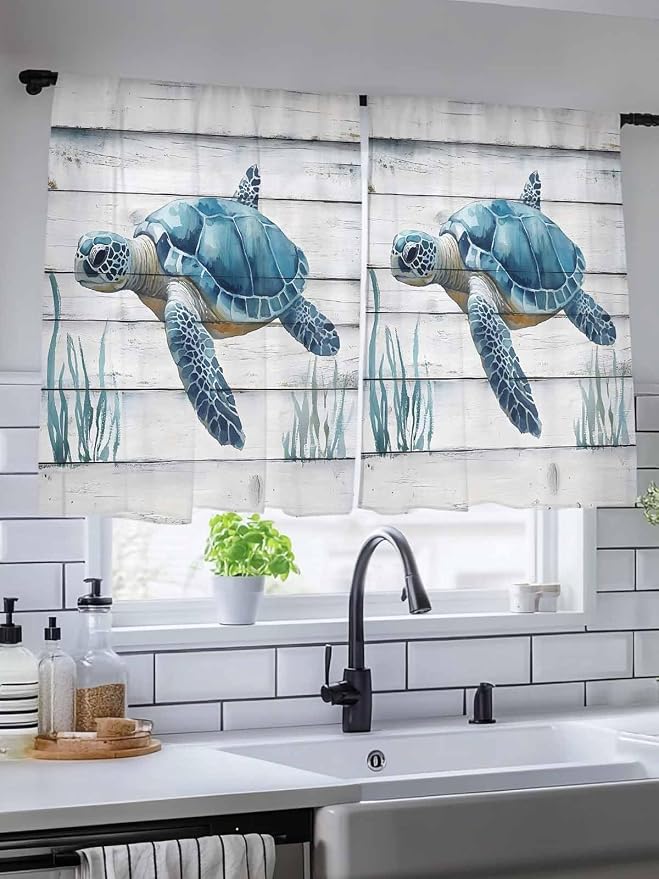 Sheer Curtains 54 Inch Length, Sea Turtle Blue Semi Sheer Curtains Light - Image 5