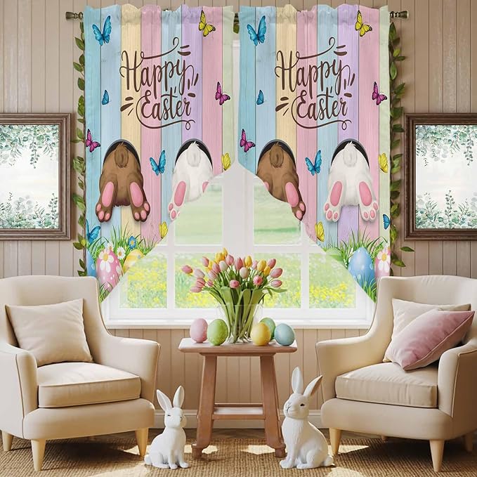 Swag Curtain Valances for Kitchen Windows, Happy Easter Rabbit Butt Egg on - Image 7