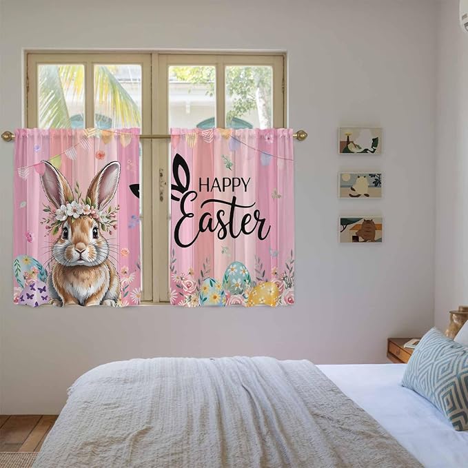 Easter Tier Curtains, Spring Rabbit Eggs Flowers Flags Leaves Wood Grain Light - Image 4