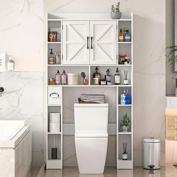 Farmhouse Storage Cabinet Over Toilet with Barn Doors，Over The Toilet Storage Cabinet, Home Space-Saving Toilet Rack, for Bathroom, Restroom, Laundry.