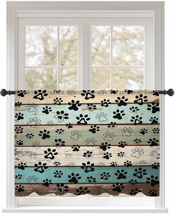 Sheer Curtains 54 Inch Length, Sage Green Brown Paw Prints Semi Sheer Curtains by Unknown