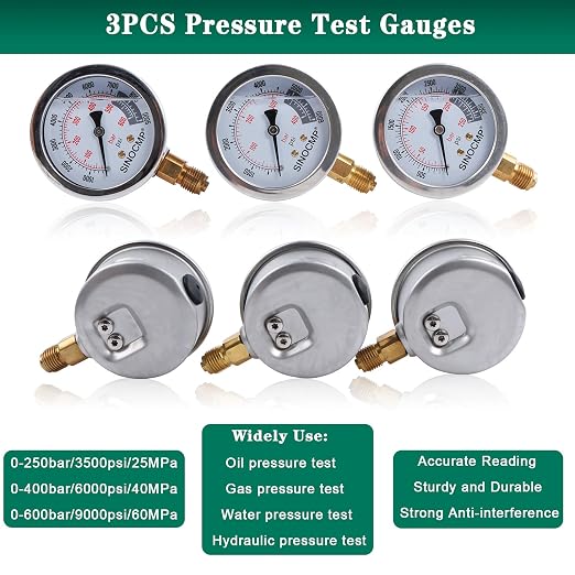 SINOCMP Hydraulic Pressure Test Kit, 3 Pressure Gauges 25Mpa/40Mpa/60Mpa 6 Test - Image 3