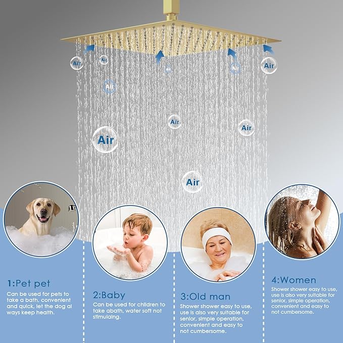 Shower System Dual Shower Heads with 12" Ceiling Mounted Rain Shower Head & 6" Wall Mounted Head Full Body Luxury Rain Shower System 3 Way Pressure Balance Valve Kit, Brushed Gold