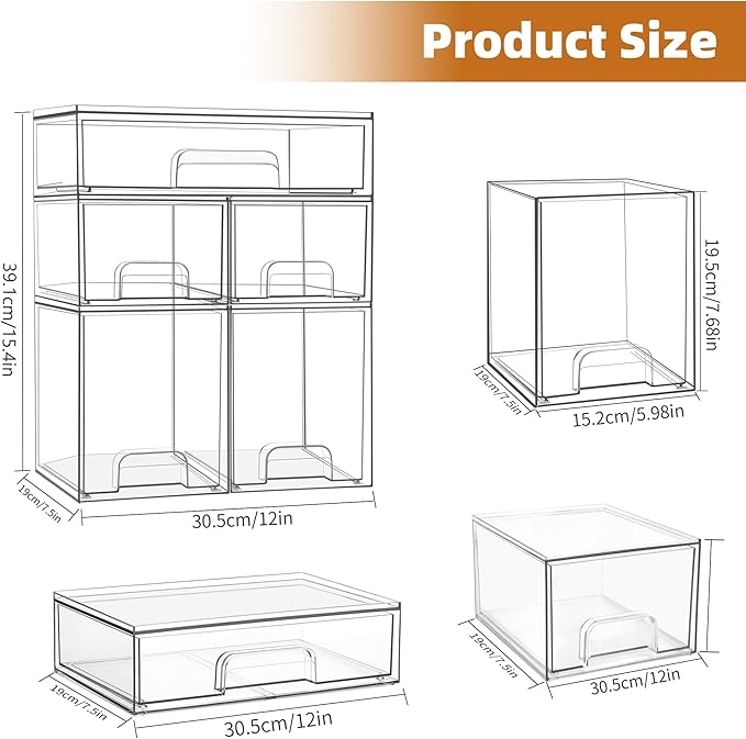 Baby Bottle Organizer, 5 Pack Stackable Storage Drawers with Labels, Clear Station Organizers Container for Pacifiers, Pump Parts, Desk Organizer Bins for Bathroom, Cabinet, Pantry, Vanity, Countertop