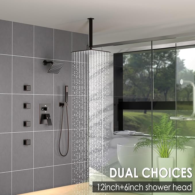 Enga Dual Shower Head Shower System with Body Jets, 12" Ceiling Mounted Rain Shower Head & 6" Wall Mounted Head Full Body Rainfall Shower Faucet with Valve Kit, Oil Rubbed Bronze