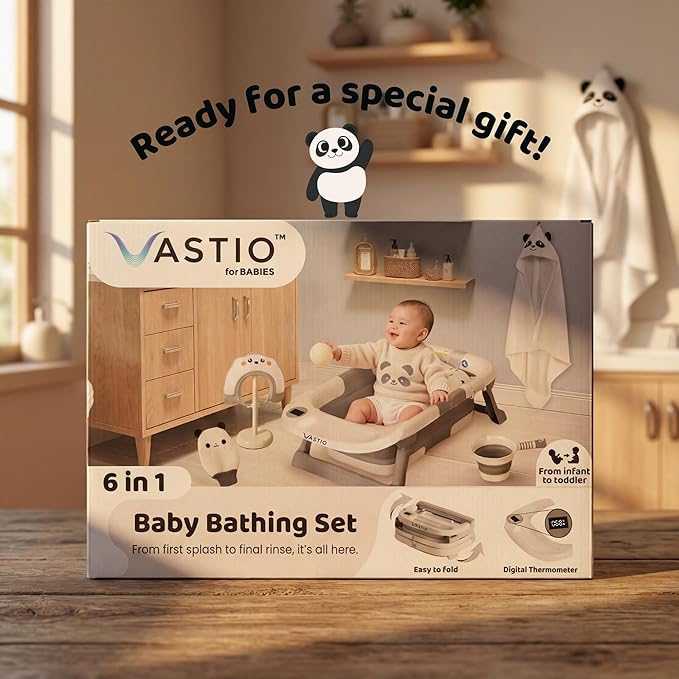 VASTIO™ 6-in-1 Collapsible Baby Bathtub Set – Foldable Baby Bath Tub for Newborn to Toddler, Portable Baby Bath Set with Cushion, Cap, Sponge, Rinse Cup & Towel – All-in-One Baby Bathing Essentials