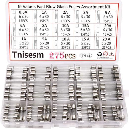 Tnisesm 275 Pcs Fast Blow Glass Fuses Assortment Kit 0.5A, 20A 15 Values 250V - Image 2