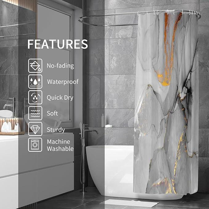 Gibelle Abstract Marble Shower Curtain, Grey Jade Texture Gold Stripes Ombre Watercolor Paint, Modern Ink Art Decor Waterproof Fabric Curtain for Bathroom Set, 71x71