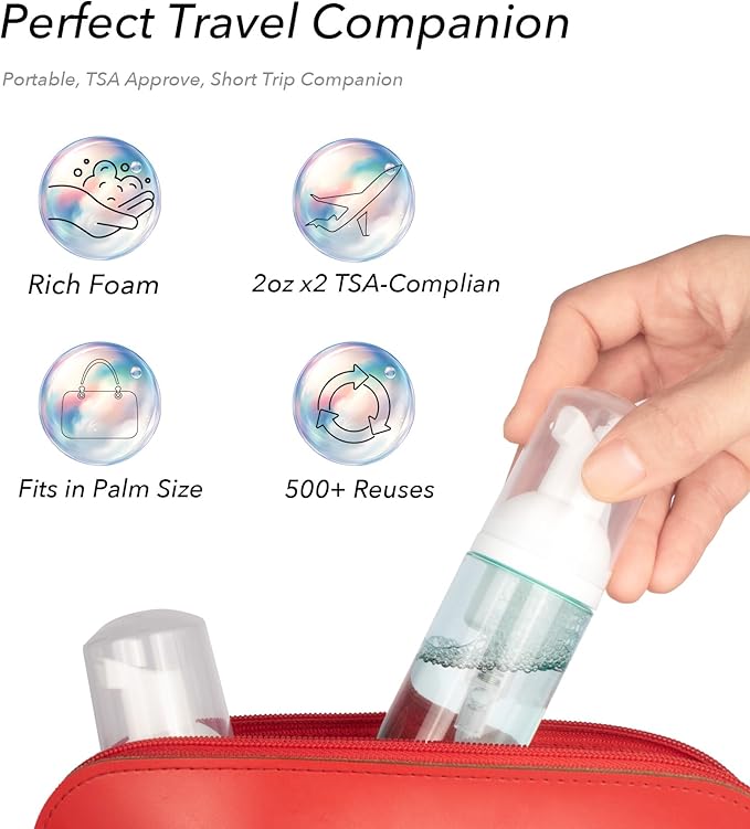 2oz Foam Pump Bottle - Travel Size Leak-Proof Mousse Containers, Plastic Clear Refillable Foaming Soap Dispenser for Hand Wash, Shampoo, Lash Cleanser | Portable & Rich Foam (2-Pack)