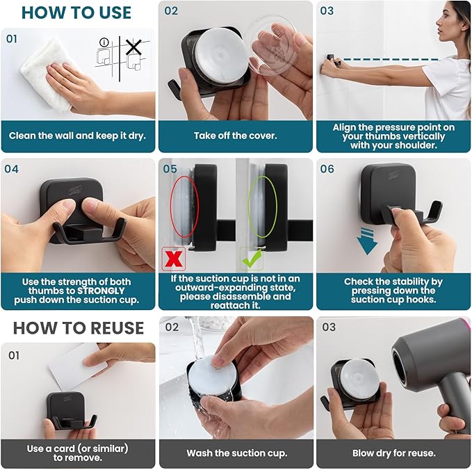 TAILI Stylish 304 Stainless Steel Bathroom Suction Hooks for Towel, Bathrobe, Loofah, No Damage Hanging Glass Shower Wall Hook, Patented Strong Suction Cup Holder, Hold Up to 11 Lbs, O-Cylinder Black