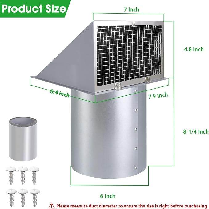 6 Inch Hooded Wall Vent with Screen and Damper, 6 Inch Exhaust Vent Cover Cap - Image 2