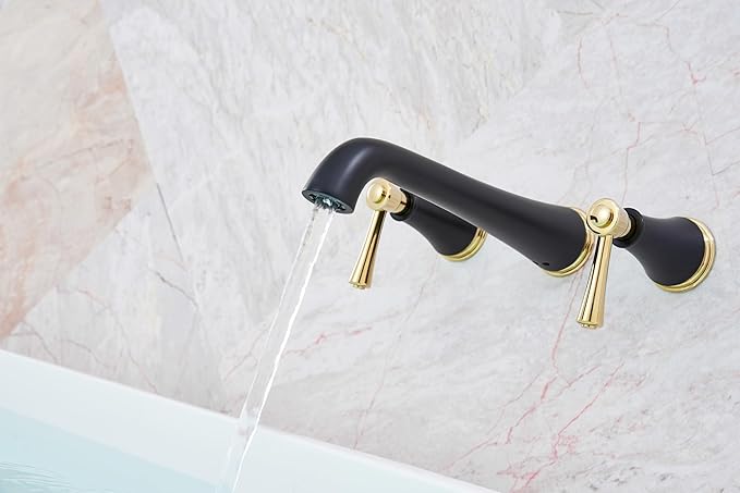 SITGES Polished Gold and Black Wall Mount Bathtub Faucet with Two Level Handles,10.5" Spout Reach Solid Brass High Flow Wall Tub Filler,Rough-in Valve Included