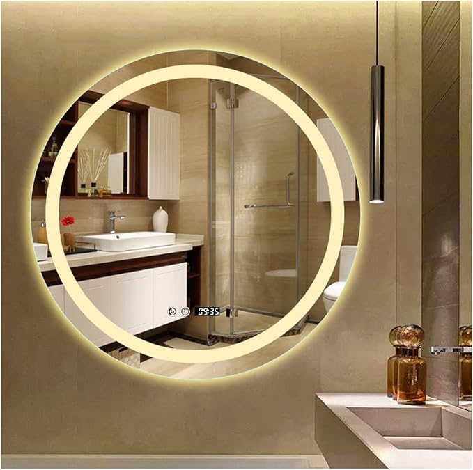 Round Bathroom Mirror with LED Lights and Demister，Round LED Bathroom Mirror by ZXCASDF