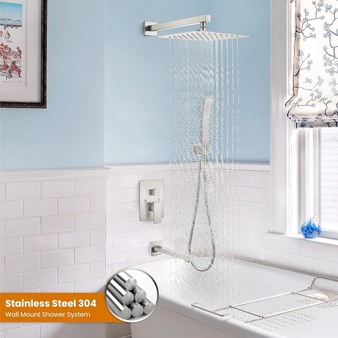 gotonovo Shower System with Tub Spout Wall Mounted Rain Shower Head and Handle Combo Shower Faucet Set with Valve, 12 Inch, Brushed Nickel