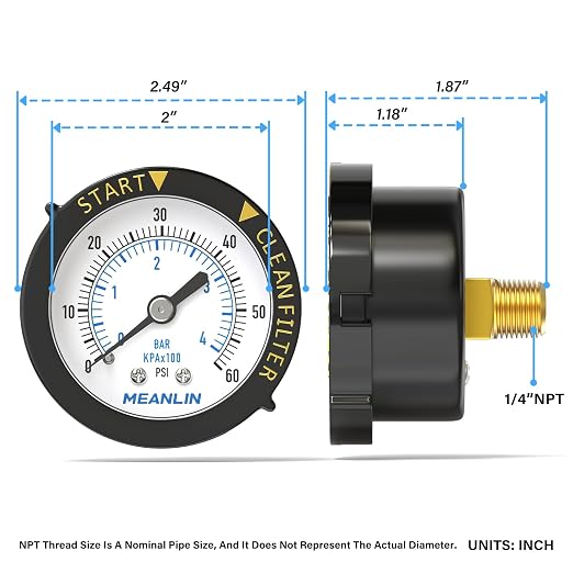 MEANLIN MEASURE 0~60Psi Plastic Frame 1/4" NPT Start and Clean Filter Pressure - Image 2