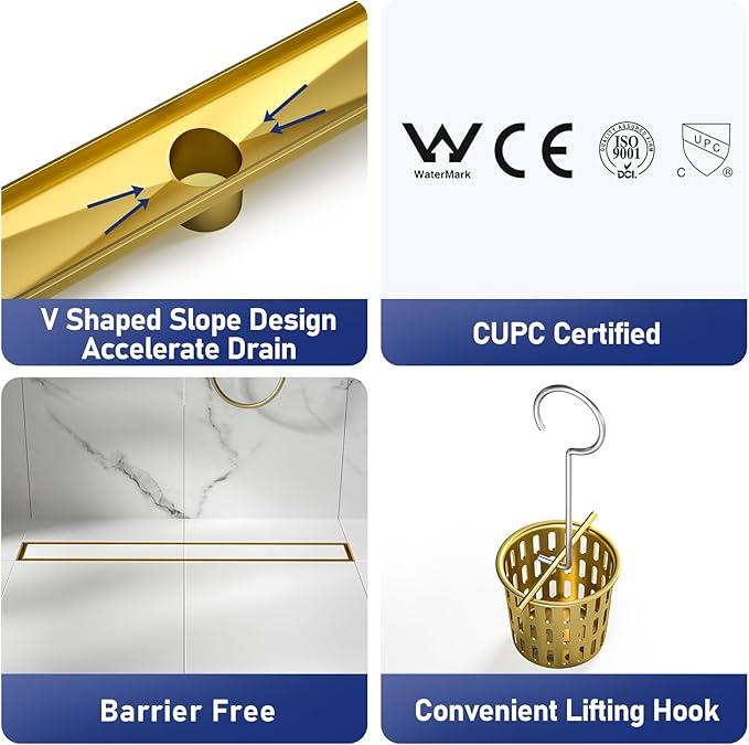 Linear Shower Drain 18", Brushed Gold Floor Drain with Tiled Insert Grate & Hair Strainer, 304 Stainless Steel Bathroom 2-in-1 Tiled in Drain, CUPC Certified (Brushed Gold, 18'')