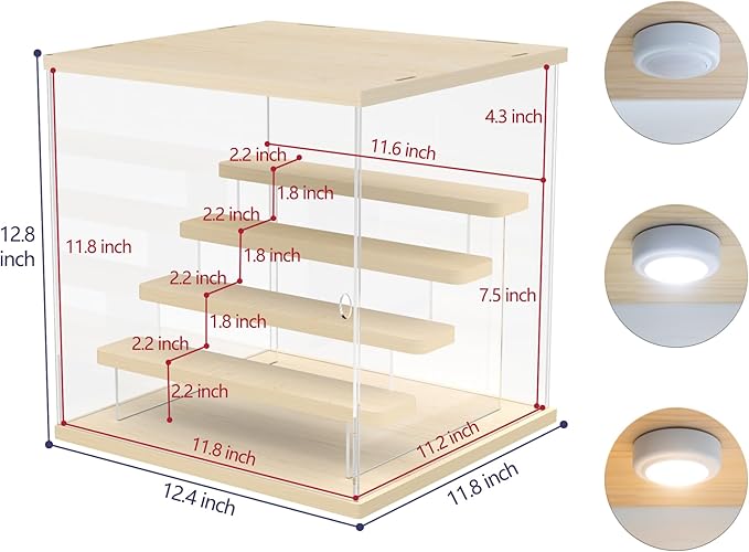 Choowin 5 Tier Clear Acrylic Lighted Display Case for Collectibles, Mini Figures, Pop Mart, Labubu, Sonny Angel, Smiski - Assemble Dustproof Display Box with Door, Stand (Wood Top Base, Clear Step)