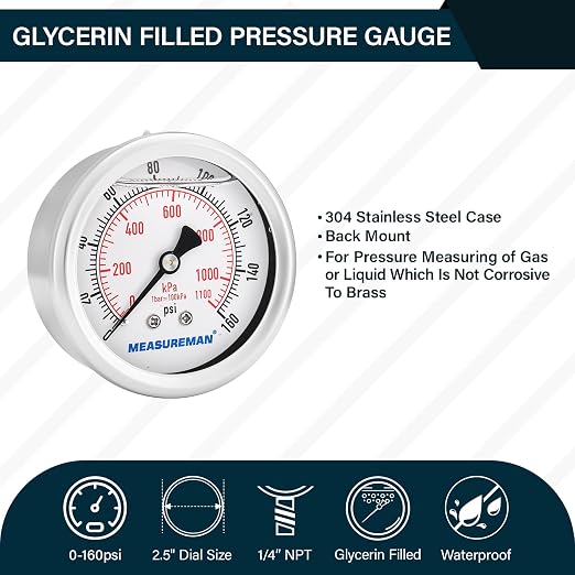 MEASUREMAN 2-1/2" Dial Size, Glycerin Filled Pressure Gauge, 0-160psi/kpa - Image 2
