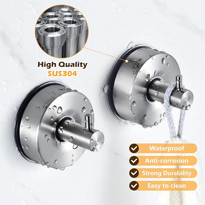 YOHOM Suction Cup Hooks for Shower Wall Bathrooms Towels Hook for Glass Door Heavy Duty (Silver, 2 PCS)