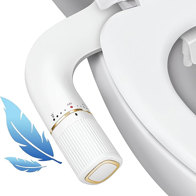 BIGCOW Ultra-Slim Bidet Attachment for Toilet - Dual Nozzle (Frontal & Rear Wash) with Adjustable Cold Water Pressure and Stainless Steel Inlet - Hygienic Solution for Fresh Cleanliness, Gold 1 Pcs