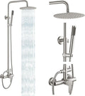 gotonovo Outdoor Shower Fixtures SUS304 Stainless Steel Rain Shower Kit Faucet High Pressure Wall Mount 2 Dual Function 8 Inch Showerhead and Handheld Spray Combo, Single Handle, Brushed Nickel