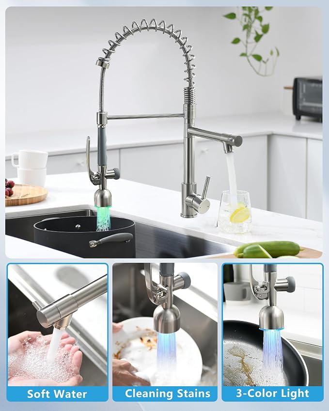 Fapully Commercial Single Handle Pull Down Sprayer Brushed Nickel Kitchen Faucet - Image 4