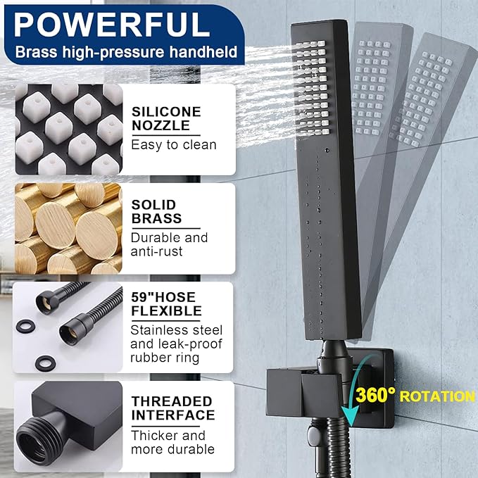 12" Shower Faucet Set Rain Shower System with 6" Wall Mounted Head Full Body Luxury Rain Shower System Rainfall Shower Head with Handheld Combo,3 Way Pressure Balance Valve Kit,Matte Black