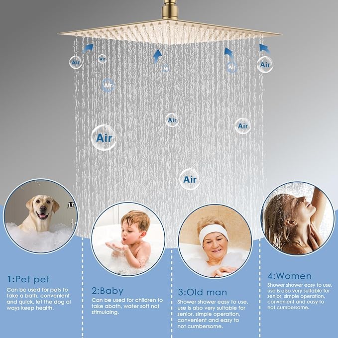 12" Shower Faucet Set Rain Shower System with 6" Wall Mounted Head Full Body Luxury Rain Shower System Rainfall Shower Head with Handheld Combo,3 Way Pressure Balance Valve Kit,Brushed Gold