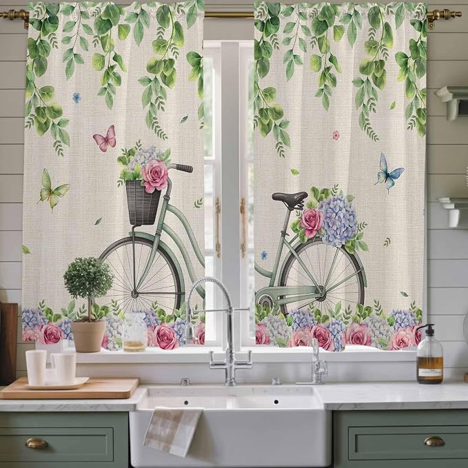 Farmhouse Spring Kitchen Curtains, Retro Bicycles Flowers Vines Butterfly Light - Image 2