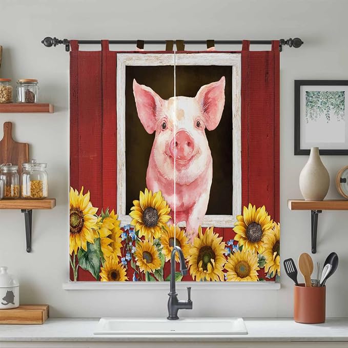 Pigs Sunflowers Bathroom Curtains 63 Inch Length, Window Curtains Tab Top - Image 3